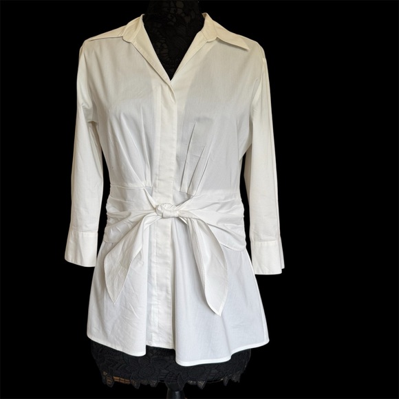 Dana Buchman White 3/4 Sleeve Button Down Fitted Shirt Top Tie Front Size 8 - Picture 1 of 14